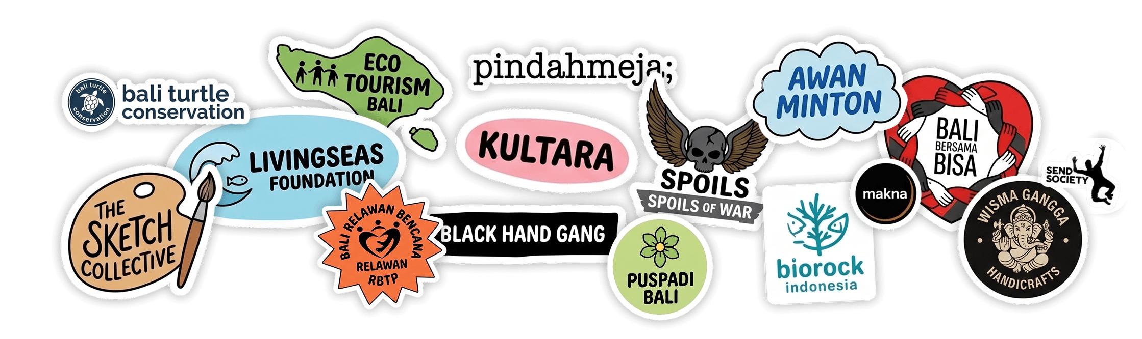 Sticker badges for the mapped community partners: Bali Turtle Conservation, LivingSeas Foundation, Eco Tourism Bali, The Sketch Collective, pindahmeja, Kultara, Black Hand Gang, Bali Relawan Bencana, Puspadi Bali, Spoils of War, Biorock Indonesia, Awan Minton, makna, Bali Bersama Bisa, Wisma Gangga Handicrafts, and Send Society